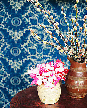 银柳,仙客来,花,花瓶,蓝色,图案,壁纸