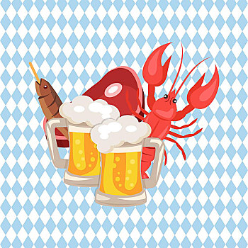 啤酒,食物,矢量,插画,方格,背景,两个,品脱,小龙虾,鱼肉,块,火腿