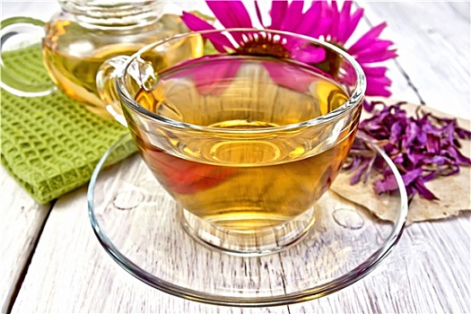 茶,紫锥菊,玻璃杯,木板,餐巾