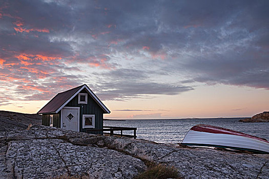 小屋,海岸线,日出,瑞典