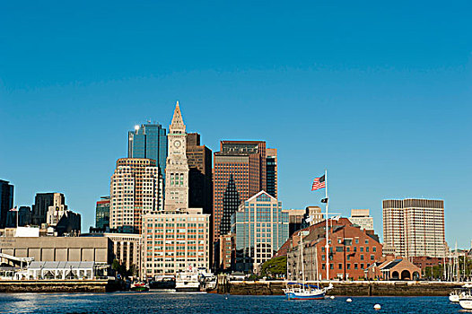 天际线,海关大楼,塔楼,金融区,波士顿港,波士顿,马萨诸塞,新英格兰,美国,北美