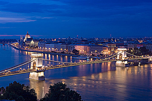 匈牙利,布达佩斯,链索桥,多瑙河,议会,夜晚