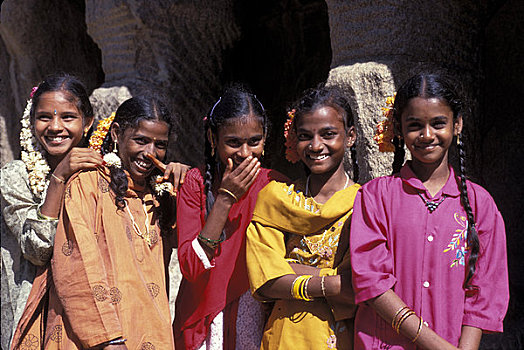 印度,靠近,钦奈,马哈巴利普兰,五个,女孩