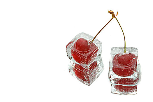 两个,冰冻,樱桃,白色背景,玻璃,表面