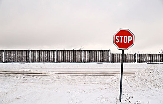 停车标志,连通,积雪,栅栏,边界,捷克共和国,欧洲