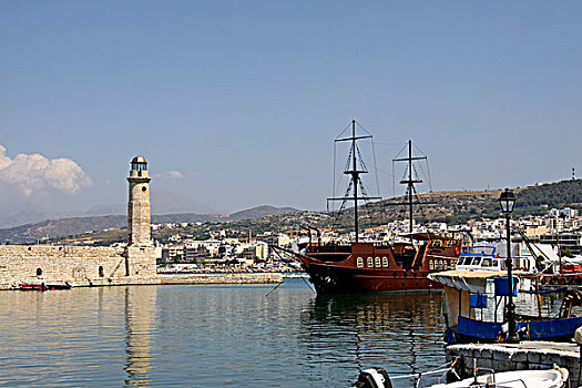 灯塔,海盗船,港口,罗希姆诺,克里特岛,希腊,欧洲