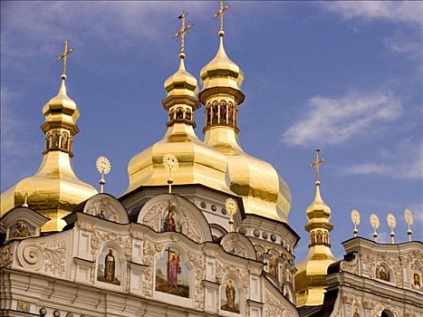 乌克兰,基辅,寺院,洞穴,金色,圆顶,大教堂,壁画,蓝天,2004年