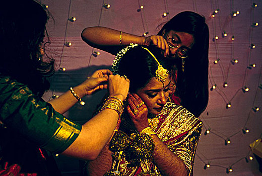 年轻,女孩,穿戴,传统,婚纱,婚礼,金色,特色,家庭,孟加拉,达卡