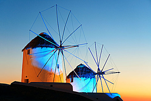 风车,著名地标,夜晚,米克诺斯岛,希腊