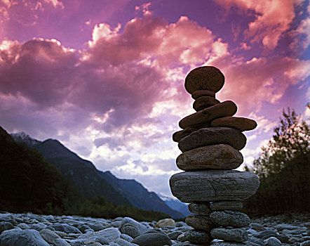 石头,一堆,叠放,云,河,标志物,标记,一个,象征,放松,复原,自然,平衡,环境,瑞士