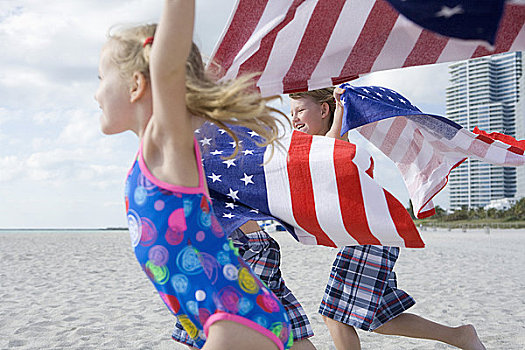 三个,儿童,美国国旗,毛巾,跑,海滩