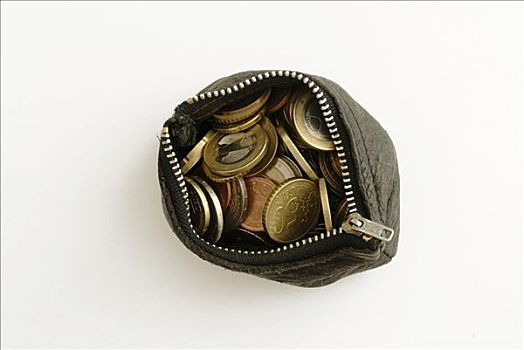 欧元硬币,皮夹,拉开拉链