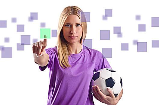女人,足球,按压,虚拟,按钮