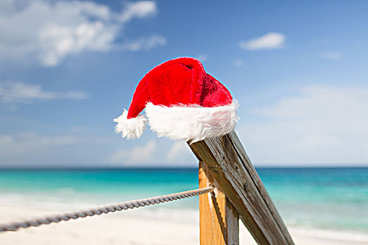 海滩,夏天,假期,圣诞节,海洋,概念,特写,圣诞老人,帽子