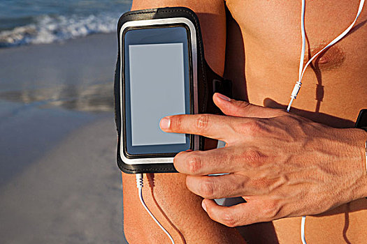 健壮,男人,打手机,海滩,腰部