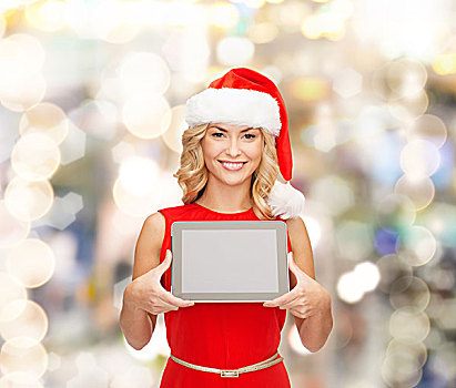 圣诞节,科技,礼物,人,概念,微笑,女人,圣诞老人,帽子,平板电脑,电脑,展示,留白,显示屏,上方,背景