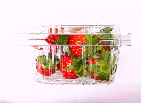 新鲜,草莓,堆积,清晰,塑料盒,隔绝,白色背景