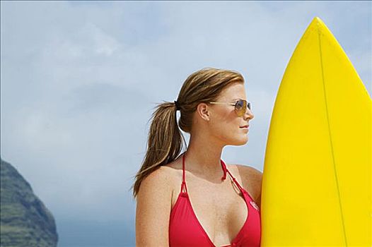 夏威夷,瓦胡岛,女孩,海滩,黄色,冲浪板