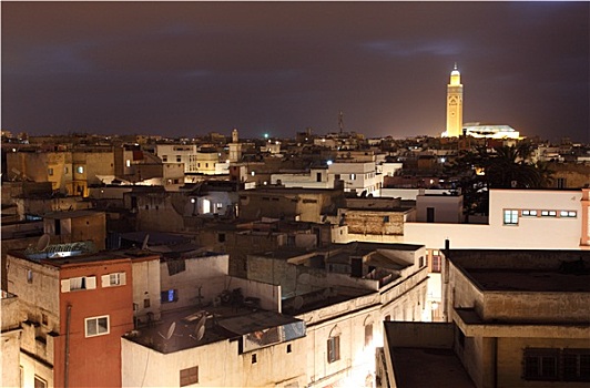 风景,上方,麦地那,夜晚,卡萨布兰卡,摩洛哥