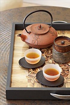 亚洲,茶壶,两个,碗,茶,托盘