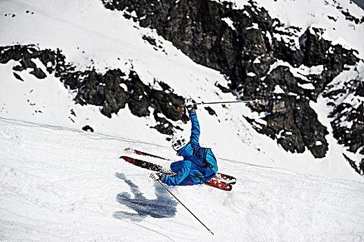 俯视,男人,滑雪,速度,山