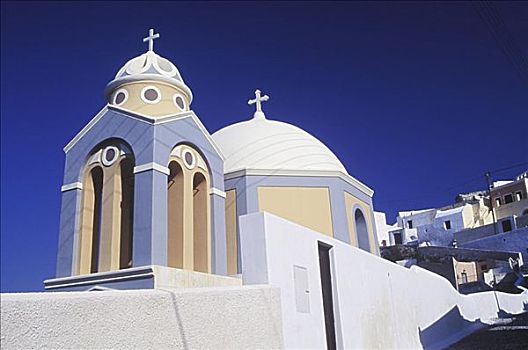 仰视,教堂,锡拉岛,基克拉迪群岛,希腊