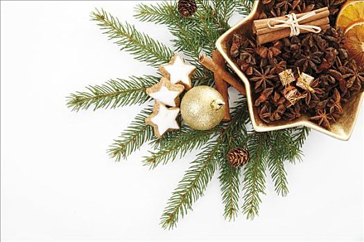 枝条,冷杉,圣诞树装饰物,肉桂星,干燥,橙子片,大料,礼物,肉桂棒