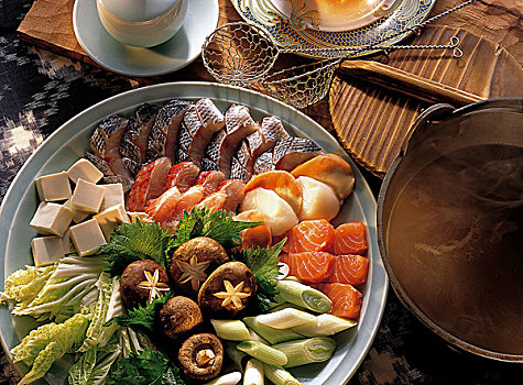 混合,鱼肉,锅,日本,烹饪