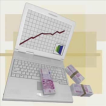 曲线图,笔记本电脑,显示屏,捆,欧元钞票