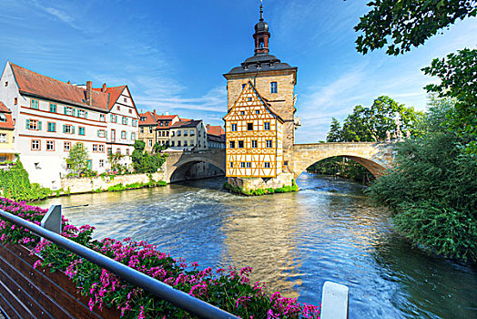 风景,手臂,河,老市政厅,班贝格,弗兰克尼亚,巴伐利亚,德国,欧洲