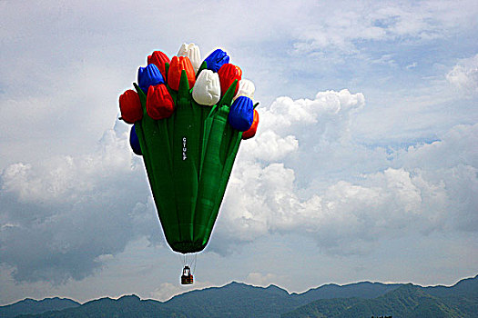 首届重庆梁平航展的郁金香花型热气球在表演