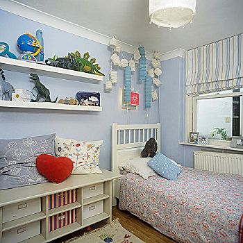 俯视,男孩,蓝色,卧室,单人床,架子,存储
