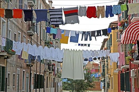 洗衣服,弄干,晾衣绳,两个,建筑,威尼斯,意大利,仰视