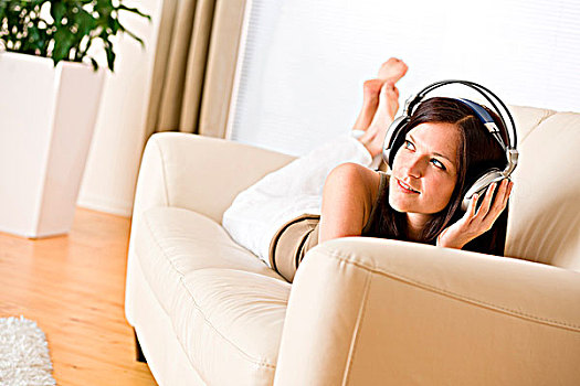 女人,耳机,听,音乐,休闲沙发,植物,背景