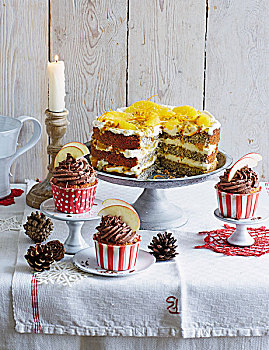 烤苹果,杯形蛋糕,橙色,罂粟籽,蛋糕,切片,圣诞节