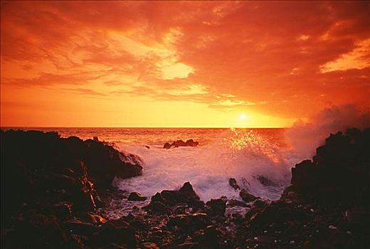 夏威夷,夏威夷大岛,日落,海浪,岩石上