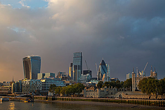 日落,风景,上方,泰晤士河,建筑,金融区,伦敦,英格兰