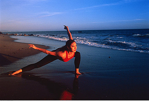 女人,运动装,练习,海滩