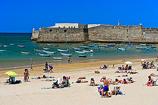 海滩,卡塔琳娜,城堡,后面,安达卢西亚,西班牙,欧洲