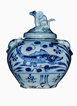 元代青花瓷鱼藻纹兽钮小盖罐器皿工艺品
