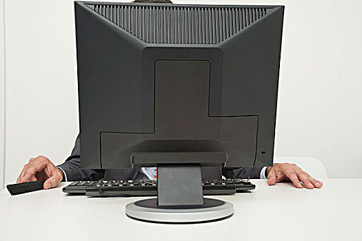 男人,坐,正面,电脑显示器