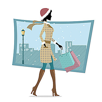 女人,走,购物袋,下雪