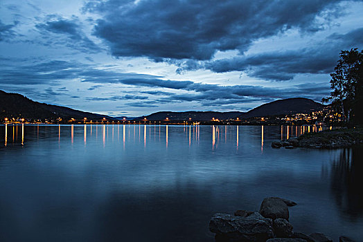 挪威,奥普兰,城市风光,晚上,反射,湖