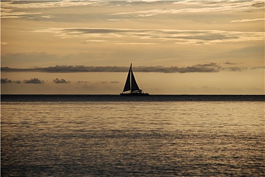 帆船,地平线,落日