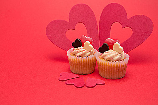 两个,情人节,杯形蛋糕,五个,心形,装饰