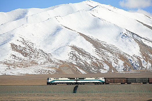 可可西里玉珠峰下的青藏铁路