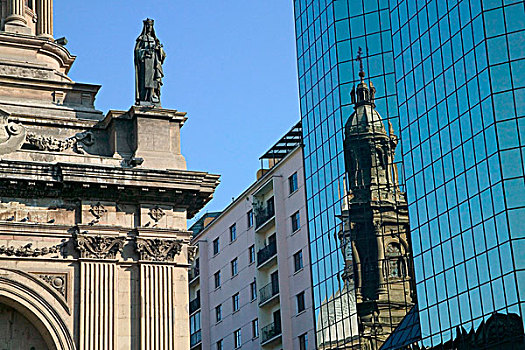 反射,大教堂,蓝色背景,玻璃,现代,高层建筑,阿玛斯,圣地亚哥,智利