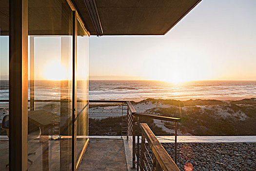 日落,上方,海洋,露台,现代住宅