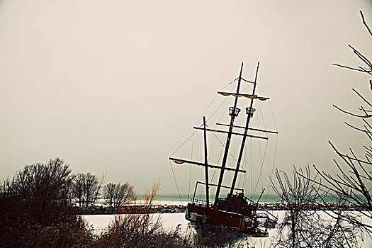安大略省,加拿大,高桅横帆船,冰冻,港口
