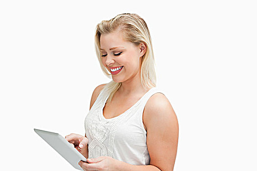 微笑,金发女郎,平板电脑,白色背景